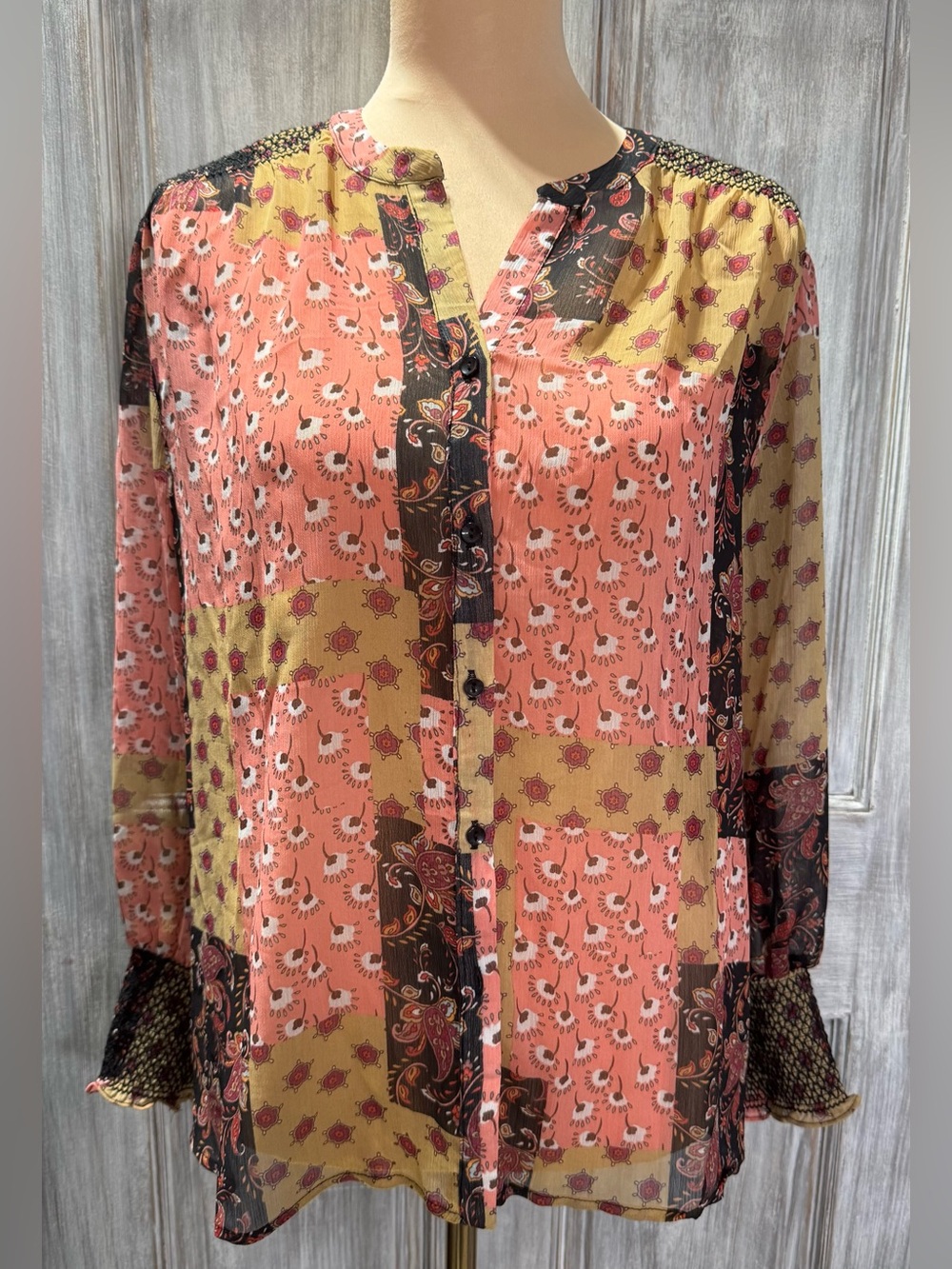 New alex & lili Boho Style Patchwork Floral And Paisley Chiffon Blouse (Size: L)
